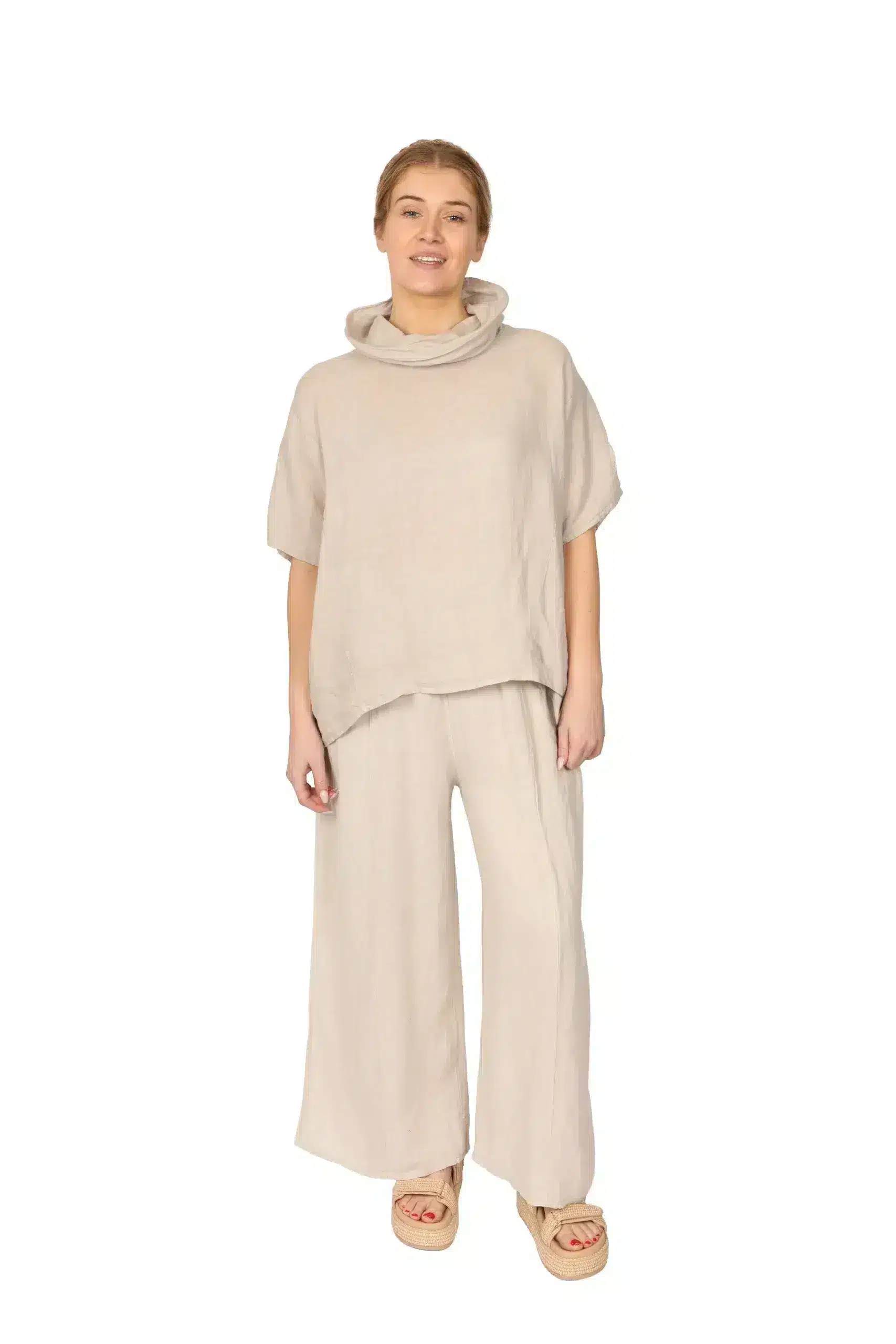 DIANTHA - Womens Linen Top in Stone front - made in Italy