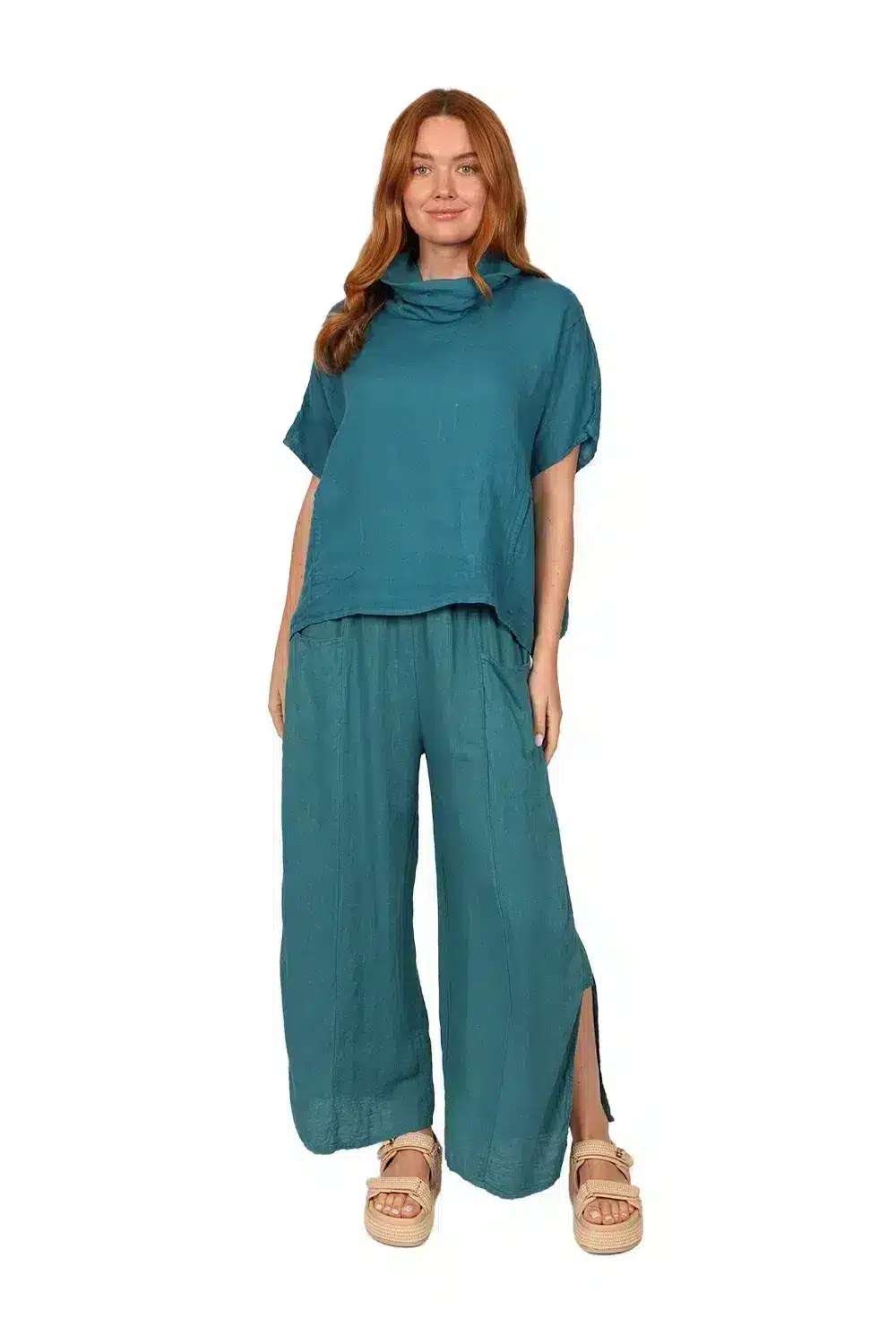 FLEUR Trouser - Womens Linen Trouser in Teal front - made in Italy