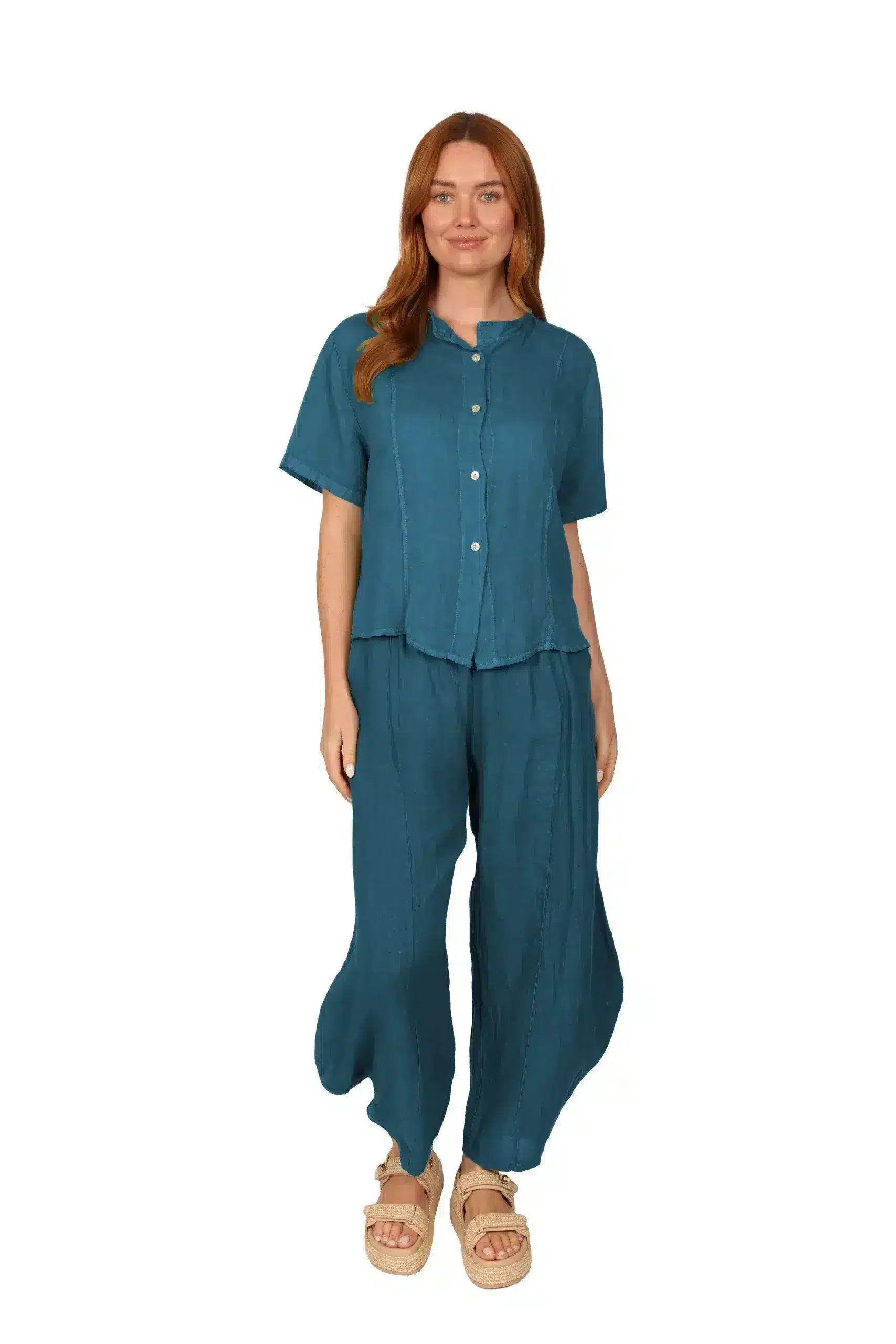 OLEANDER Blouse - Womens Linen Top in Deep Teal front - made in Italy